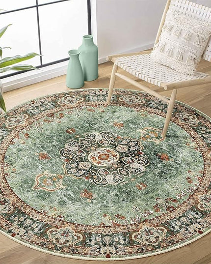 Green Round Rug 4ft,Circle Washable Area Rugs for Bedroom Bathroom Entryway,Boho Vintage Bohemian Distressed Oriental Floral Carpet Non Slip,Sage