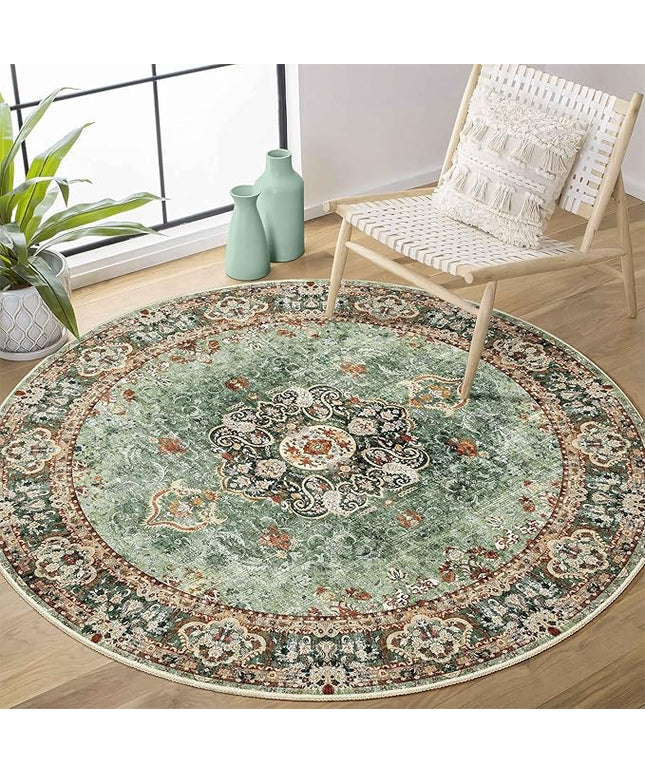 Green Round Rug 4ft,Circle Washable Area Rugs for Bedroom Bathroom Entryway,Boho Vintage Bohemian Distressed Oriental Floral Carpet Non Slip,Sage