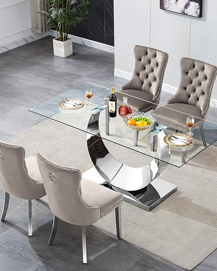 5 Piece Dining Table Set, Modern Glass Dining Table Set for 4, 70" Luxury Glass Table w/Silver Stainless Steel Base & 4 Grey Tufted Chairs, Kitchen Dining Room Sets for 4 for Breakfast Dinner Dinette