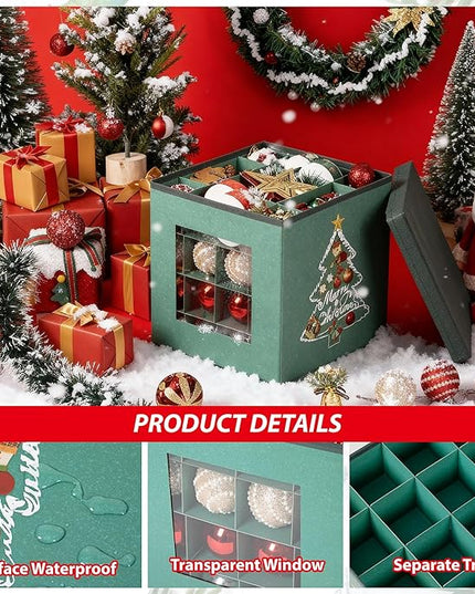 Christmas Ornament Storage Box with Lid - Holds 64 Ornaments, Large Sturdy & Foldable Organizer Case for Holiday Decor 11.8x11.8x11.8 Inch