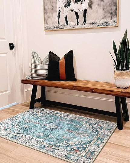 MUJOO Teal Area Rug Small Rugs Boho Machine Washable Rugs Non Slip for Entryway Kitchen Bathroom Bedroom Vintage Soft Low-Pile 2'x3' Blue Flowers Colorful