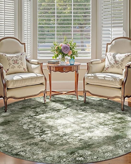 jinchan Round Rug 8ft Area Rug - Green Vintage Floor Mat Kitchen Indoor - Washable Circle 8' Thin Floral Print Christmas Carpet Retro Farmhouse Non Slip Dining Room Living Room Bedroom Office