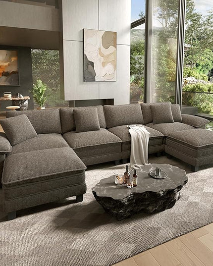 HERA'S HOUSE 158" Modular Sectional Sofa, Oversized U Shaped Couches for Living Room, Comfy Cloud Couch with Ottoman, 6-Seater Deep Seat Sofa with Throw Pillow, Chenille Ash