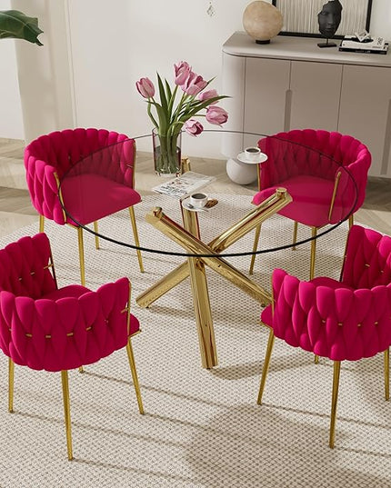 Gold Round Glass Dining Table Set for 4, 47'' Minimalist Circular Dinner Room Set, 5 PCS Modern Luxury Circle Kitchen Table with Rose Red Woven Chairs Set, for Large Apartment Living Room