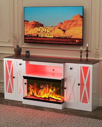 3-Sided Glass Farmhouse Electric Fireplace TV Stand, Farmhouse Entertainment Center with 36" Fireplace & LED Lights, 70'' Large TV Stands with with Glass Door Storage Cabinet (Farmhouse White)
