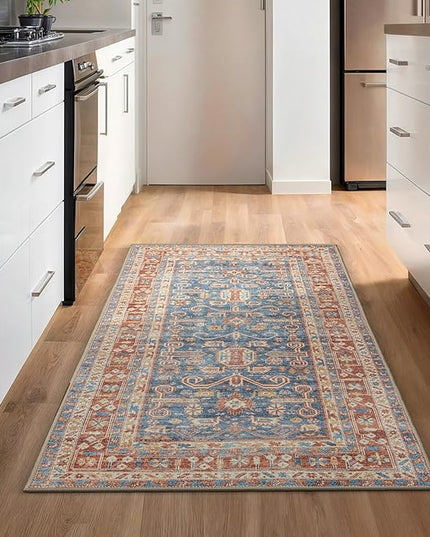 GLN Rugs Traditional Collection - Machine Washable Area Rug, Traditional Washable, Non Slip, Low Pile Chenille Rug, Living Room, Bedroom, Kitchen Rug (2'6"x7' Terra and Blue)