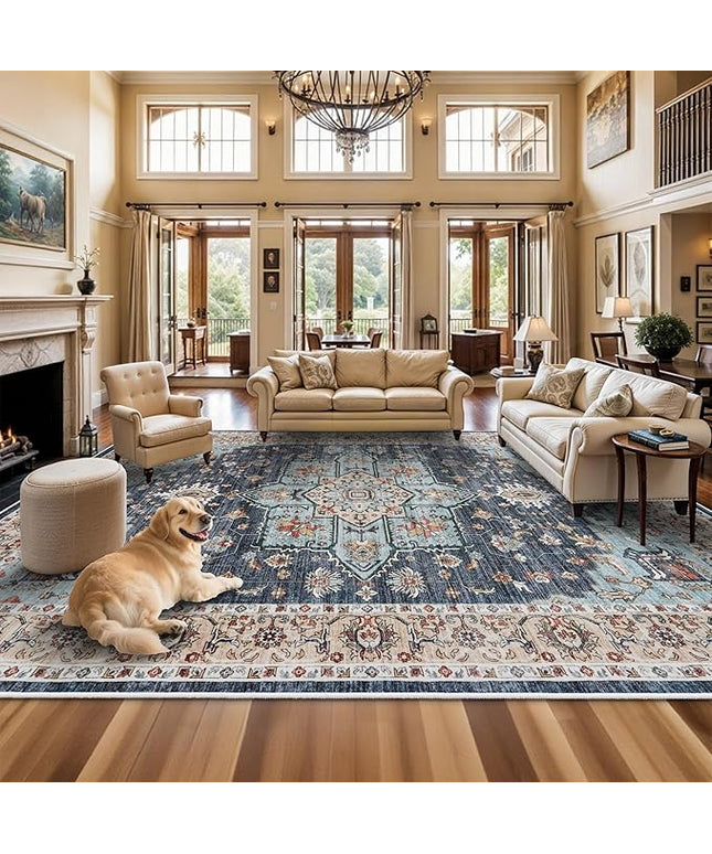 Washable Oriental Area Rug - 12x18 Rugs for Living Room Soft Carpet for Bedroom Waterproof Floral Distressed Indoor Stain Resistant Non-Shedding Floor Carpets (Blue/Teal/Orange, 12x18)