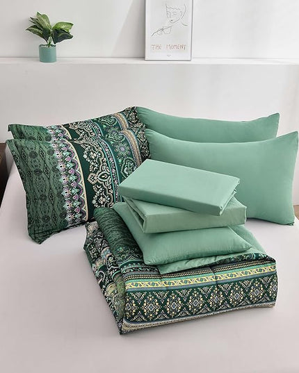 Boho Green Comforter Set King Size,8 Piece Bed in a Bag Bohemian Striped Bedding Quilt Set,Dark Green Paisley Floral Comforter and Sheet Set,Soft Microfiber Complete Bedding Sets for All Season