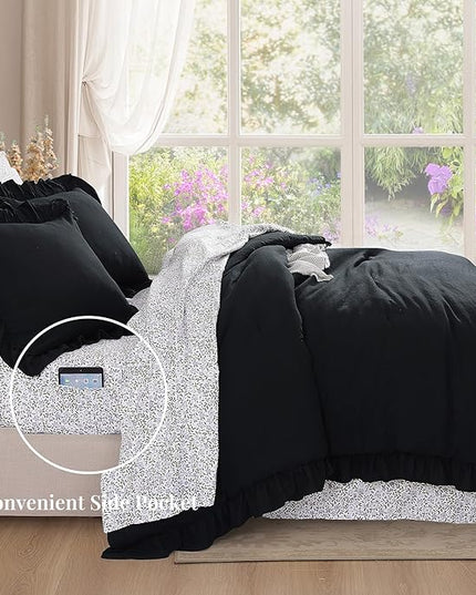 Queen Comforter Set - 7 Pieces Ruffle Black Bedding Sets, Shabby Chic Farmhouse Bed in a Bag Queen with Ruffle Comforter, Floral Sheets, Pillowcases & Shams