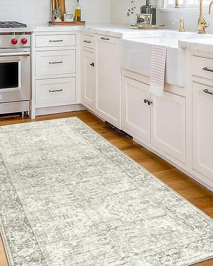 ReaLife Rugs Machine Washable Area Rug Runner - Living Room Bedroom Bathroom Kitchen Entryway Office - Padded Low Pile Stain Resistant Premium - Boho Farmhouse Vintage - Lyle - Beige Ivory 2'6" x 10'