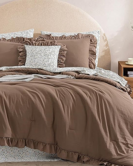 Full Comforter Set - 7 Pieces Ruffle Amber Brown Bedding Sets, Shabby Chic Farmhouse Bed in a Bag with Ruffle Comforter, Floral Sheets, Pillowcases & Shams