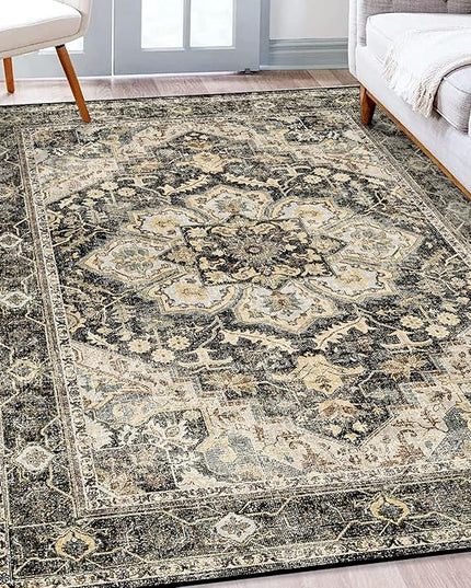Washable Oriental Area Rug - 5x8 Rugs for Living Room Soft Carpet for Bedroom Waterproof Floral Distressed Indoor Stain Resistant Non-Shedding Floor Carpets (Black/Grey, 5x8)