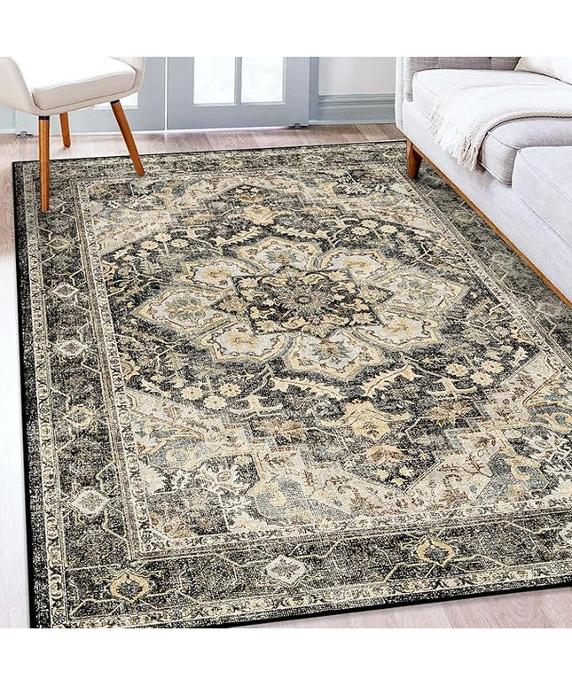 Washable Oriental Area Rug - 5x8 Rugs for Living Room Soft Carpet for Bedroom Waterproof Floral Distressed Indoor Stain Resistant Non-Shedding Floor Carpets (Black/Grey, 5x8)