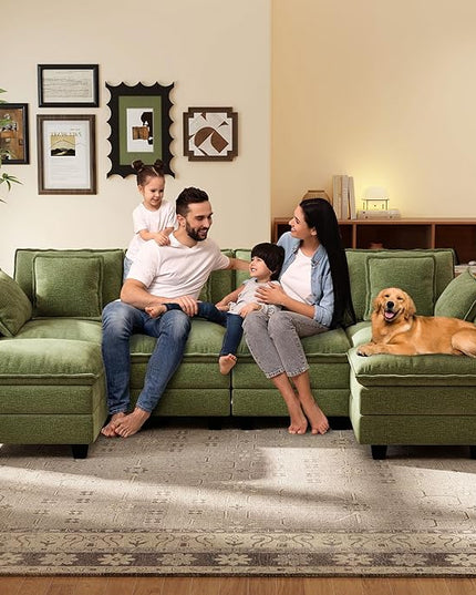 Ihanherry 106" U-Shaped Modern Sofa Modular Sectional Cloud Couch 6-Seat Chenille Seat Sofa with Ottoman for Living Room, Bedroom and Apartment, Green