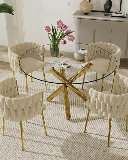 Modern Luxury Round Glass Dining Table Set, 5 PCS Minimalist Circle Dining Room Table Set for 4, 47'' Clear Circular Kitchen Table and Chairs Set of 4, Beige Woven Chair, for Home (Golden)