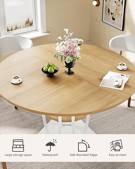 Round Dining Table for 4, 3-Tier Dinner Room Tables with Storage Shelf, Space Saving Small Kitchen Table, Farmhouse Dinner Table with Wooden Tabletop and Hexagonal Base (Wood, 47inch)