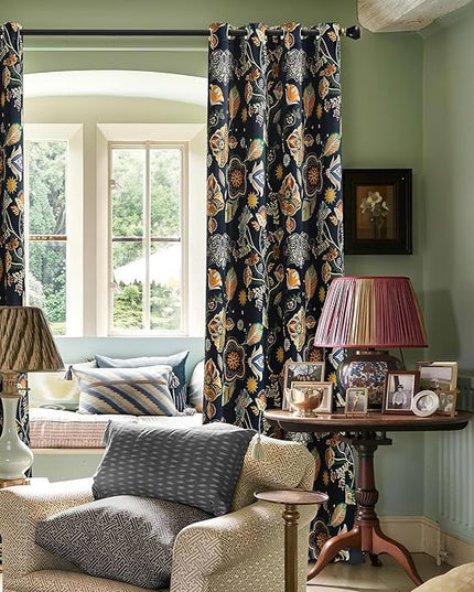 XiDi Navy Blue Vintage Floral Patterned Blackout Curtains 84 Inches Long for Bedroom Living Room 2 Panels Thermal Insulated Luxury Modern Curtains Dark Botanical Leaf Printed Design Grommet Drapes