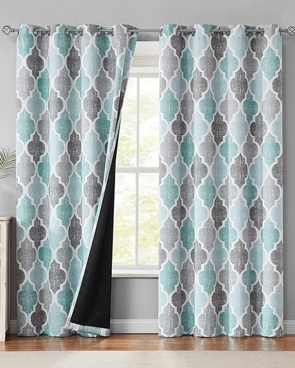 Beauoop 100% Blackout Curtains 108 Inches Long 2 Panels for Bedroom Living Room Aqua Grey Moroccan Geo Room Darkening Thermal Insulated Soundproof Grommet Top Window Treatments Drapes, 50x108 Set of 2