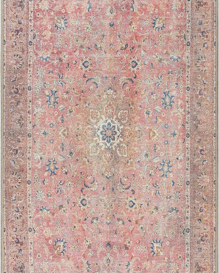 GLN Rugs Traditional Collection - Machine Washable Area Rug, Traditional Washable, Non Slip, Low Pile Chenille Rug, Living Room, Bedroom, Kitchen Rug (2'6"x7' Pink Vintage)