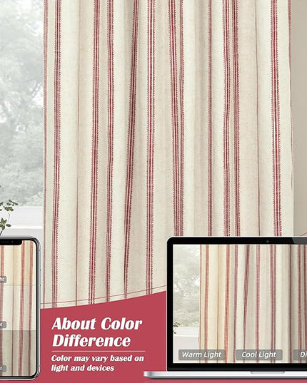 DriftAway Farmhouse Linen Blend Blackout Curtains 63 Inches Long for Bedroom Vertical Striped Printed Linen Curtains Thermal Insulated Lined Treatments for Living Room 2 Panels W52 x L63 Linen Red