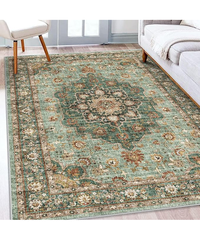 Washable Oriental Area Rug - 5x7 Rugs for Living Room Soft Carpet for Bedroom Waterproof Floral Distressed Indoor Stain Resistant Non-Shedding Floor Carpets (Green, 5x7)