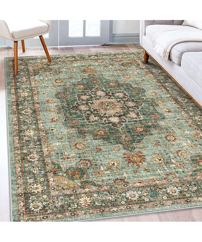 Washable Oriental Area Rug - 5x8 Rugs for Living Room Soft Carpet for Bedroom Waterproof Floral Distressed Indoor Stain Resistant Non-Shedding Floor Carpets (Green, 5x8)