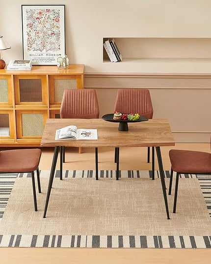 Dining Table Set for 4, Modern Wood Irregular Rectangle Dining Table,Leather Dining Chairs 4,Table and Chairs Set of 4 for Kitchen Dining Room, Brown