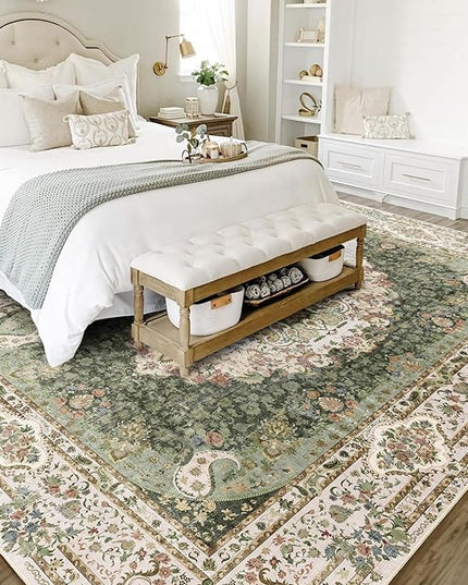 8x10 Area Rugs Washable,Green Rug for Living Room Bedroom Dining Room,Large Boho Vintage Bohemian Distressed Carpet Non Slip,Floral