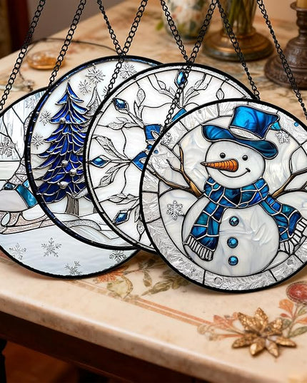 Stained Glass Window Hanging 4 Pcs Set White Winter Christmas Snow Scene 7.8" - Suncatcher Door Garden Sun Catcher Decor Birthday for Mom Woman Nana Men Friend Wife