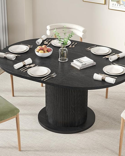 43.3 inch 59 inch Adjustable Size Round Dining Table for 4 6, Unique Design Modern Farmhouse Kitchen Table, Circle Dining Tables with Wood Strip Base for Kitchen Living Room (Black)