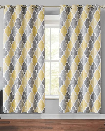 Beauoop 100% Blackout Curtains 72 Inches Long 2 Panels for Bedroom Living Room Yellow Grey Moroccan Geo Room Darkening Thermal Insulated Soundproof Grommet Top Window Treatments Drapes, 50x72 Set of 2