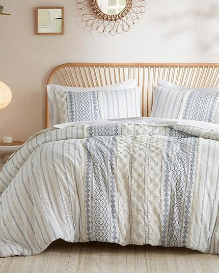 INK+IVY 100% Cotton Duvet Mid Century Modern Design, All Season Comforter Cover Bedding Set, Matching Shams, Full/Queen, Imani Chenille Navy