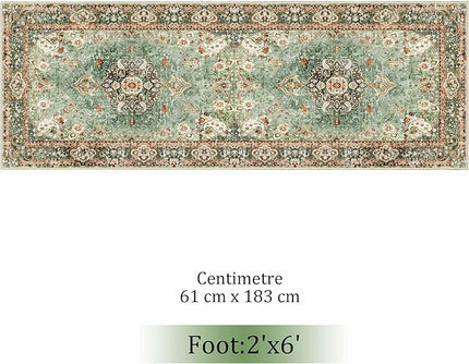 Washable Runner Rug 2x6,Green Rug Runners Non Slip,Long Boho Rugs for Hallways Kitchen Bedroom Entryway Living Room Bathroom,Vintage Bohemian Distressed Oriental Floor Carpet