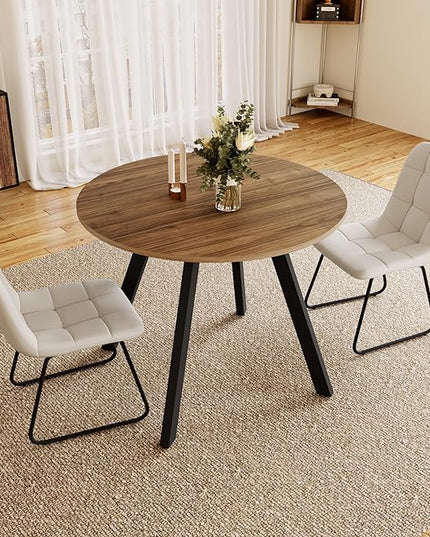 34.6'' Dining Table and Chairs for 2, Mid Century Modern Round Table Set, Space Saving for Apartment Kitchen Dining Room (Walnut Table+2 U-Shaped White Chairs)