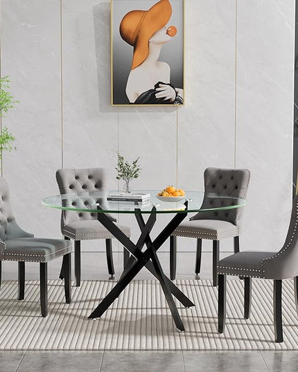 HomVent 5 Piece Round Glass Dining Table Set, Tempered Glass Dinner Table Set for 4 Kitchen Table Set with 4 Velvet Upholstered Chairs for Kitchen Dining Room