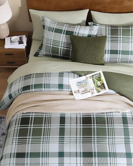 MaiRêve Plaid Queen Comforter Sets Olive Green, Classic Farmhouse Bedding Set Bed in a Bag 7 Pieces, Lightweight All Season Comforter Set with Fitted & Flat Sheet, Pillowcases & Shams