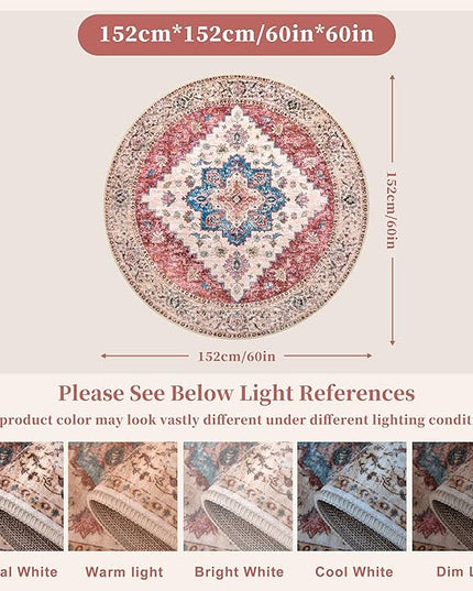 Ciicool Boho 5x5ft Round Area Rug Washable Bedroom Rug Non-Slip Oriental Entryway Throw Rug Low-Pile Indoor Carpet for Dining Room