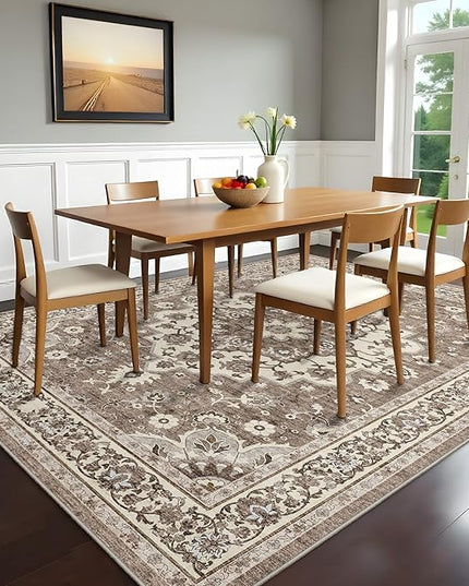 Dining Room Rugs for Under Table - Washable 6x8 Area Rug for Living Room Bedroom Soft Low Pile Non Slip Stain Resistant Carpet - Perfect for Homes with Pets & Kids (Beige, 6x8)