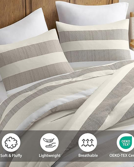 Twin Comforter Set, 2 Pieces Striped Bed Set, Soft Brushed Microfiber Reversible Bedding Set for All Season, Lightweight & Breathable Bedding Set with Comforter & Sham, Neutral