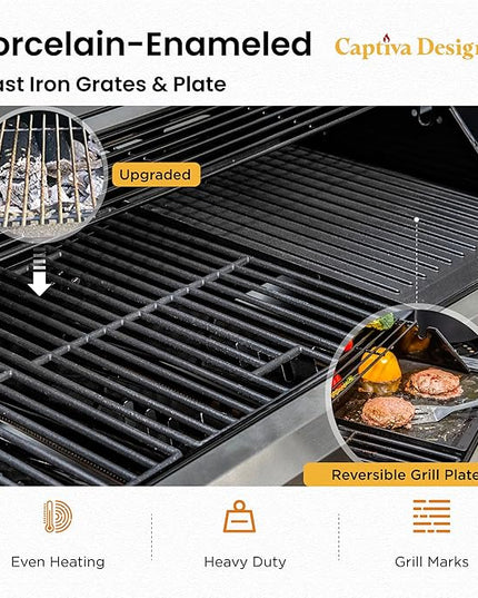 Captiva Designs 6-Burner Propane Gas BBQ Grill with Side Burner & Porcelain-Enameled Cast Iron Grate and Plate for Outdoor Barbucue Events, 52,000 BTU Output,740 SQ.IN. Cooking Area，Heavy Duty