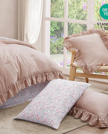 Full Comforter Set - 7 Pieces Ruffle Pink Bedding Sets, Shabby Chic Farmhouse Bed in a Bag Full with Ruffle Comforter, Floral Sheets, Pillowcases & Shams