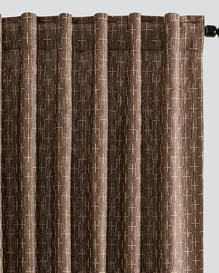 MIULEE Decorative Back Tab Linen Curtains with Geometric Pattern for Living Room Bedroom Farmhouse Rustic Thick Woven Textured Patterned Floor to Ceiling Drapes 102 Inch Long 2 Panels, Dark Coffee