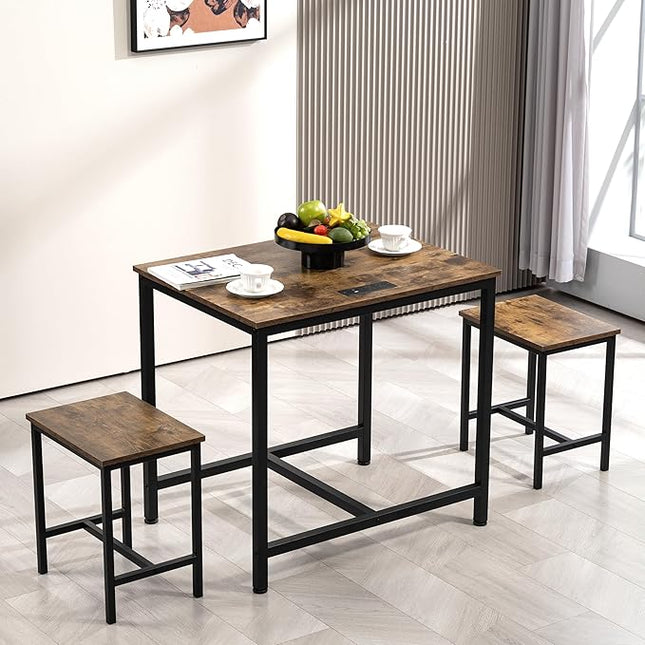 Finnhomy 3-Piece Dining Table Set, Small Kitchen Table with 2 Chairs, LED Light and USB Type-C Power Outlet, Space-Saving Design for Dining Room, Living Room, Apartment, Rustic Brown