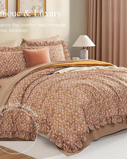 King Comforter Set - 7 Pieces Ruffle Brown Bedding Sets, Shabby Chic Farmhouse Bed in a Bag King with Ruffle Comforter, Floral Sheets, Pillowcases & Shams