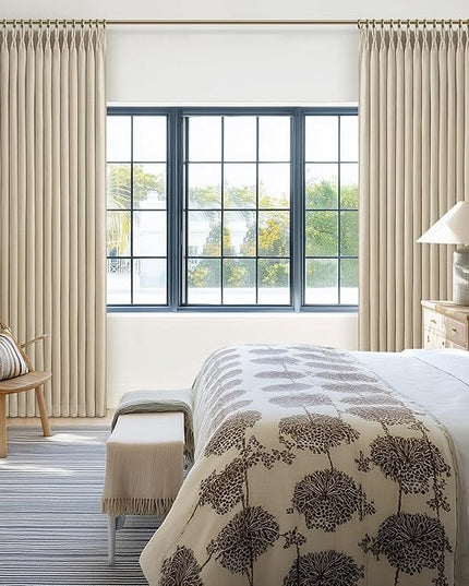 Extra Wide 70 Inch Pinch Pleated Blackout Curtains 120 Inches Long 2 Panels Set for Bedroom, Memory Trained Natural Linen Textured Windows Drapes Insulated Soundproof Warm Beige 10 FT Length Curtain