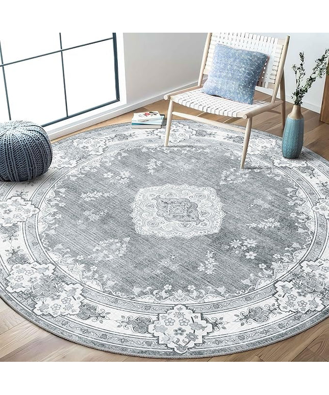 MUJOO Grey Round Rug 6ft,Circle Washable Area Rugs for Bedroom Living Room Bathroom,Boho Large Vintage Bohemian Distressed Farmhouse Non Slip Circular Carpet,Floral