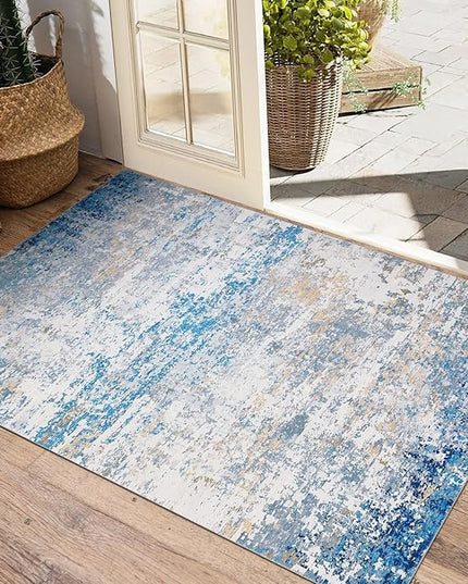 Modern Abstract 2x3 Area Rug Non Slip Non Shedding Low Pile Stain Resistant Rug for Entryway Kitchen Bedroom,Blue/Grey