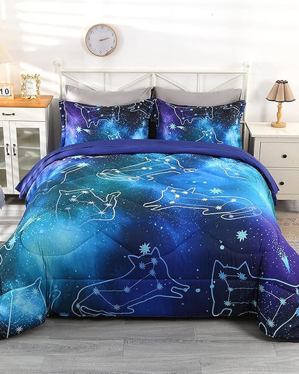 Wowelife Galaxy Bedding Comforter Set Full Size with Sheets, 5-Piece Blue 3D Galaxy Bed in A Bag Full for Kids Bed Set with Comforter, Flat Sheet, Fitted Sheet and 2 Pillowcases