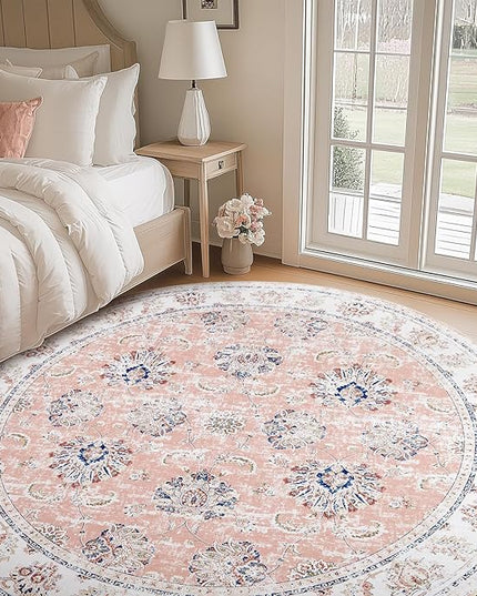 jinchan Fiora Round Rug 8ft Area Rugs - Vintage Floral Distressed Design Machine Washable Non-Slip Low-Pile Ultra-Thin Circle Rug for Living Room Dining Room Bedroom Home Office (8' Round, Pink)