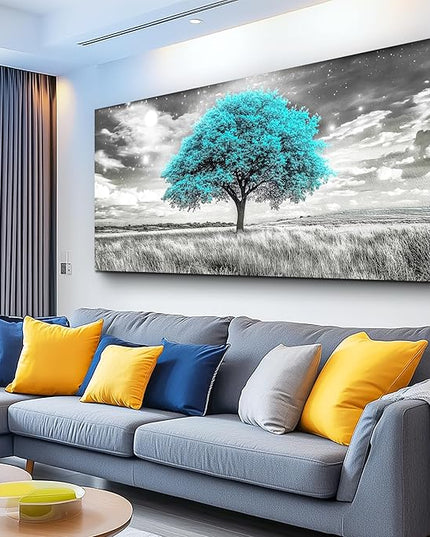 KELIYUAN Modern Canvas Print Wall Art Blue Tree Painting Full Of Stars Black And White Art pictures Natural Landscape Wall Decoration Suitable For Living Room Bedroom Office Framed Stretch 20x40 In